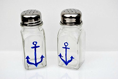 Nautical Navy Blue Anchor Glass Salt and Pepper Shaker Set, Kitchen Decor