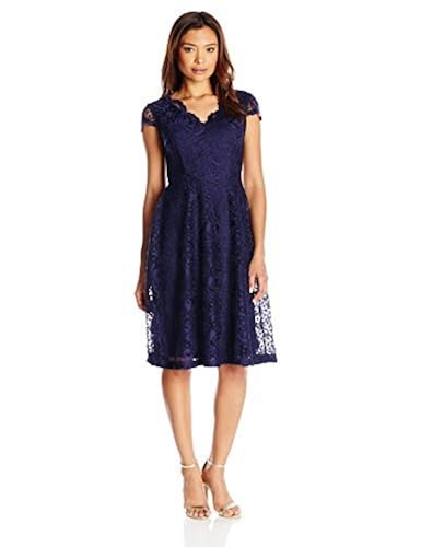London Times Women's Cap Sleeve V Neck Lace Fit Flare Dress