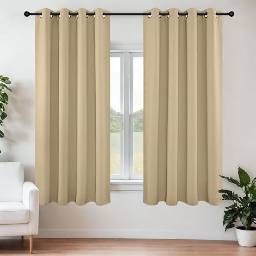 Joydeco Blackout Curtains 63 Inch Length 2 Panels Set, Thermal Insulated Long Curtains & Drapes 2 Burg, Room Darkening Grommet Drapes for Bedroom Living Room Windows (W42 x L63 Inch, Beige)