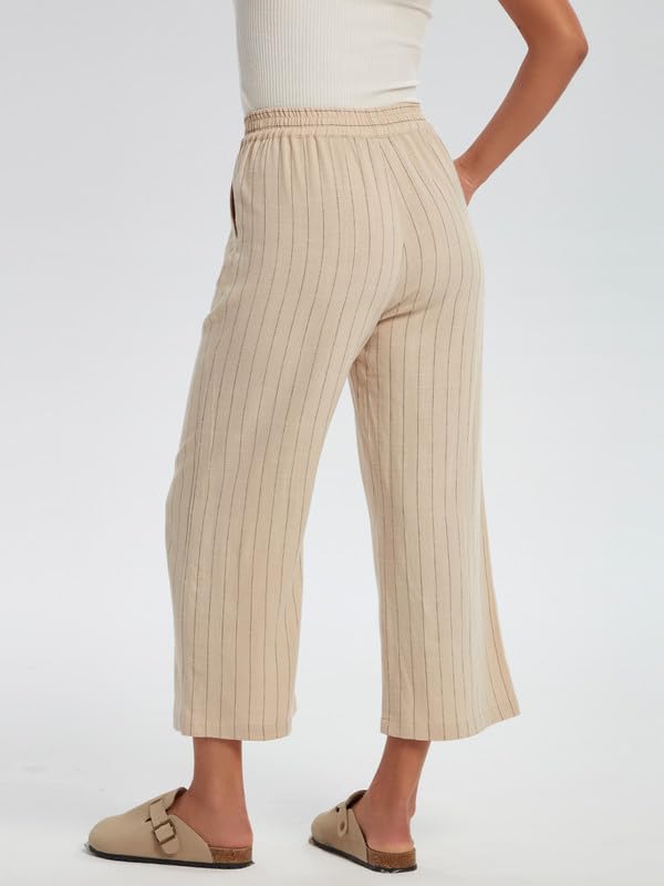 Les umes Women's Summer 7/8 High Waist Linen Pants with Pockets | Comfy Linen Striped Printed Capri Wide Leg Palazzo