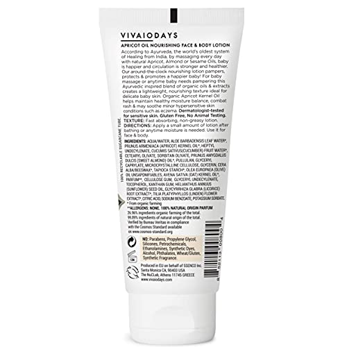 VIVAIODAYS Organic Apricot Oil Face & Body Lotion for Baby & Family, Travel-Size Moisturizer with Aloe & Olive Oil, Gentle Hydration for Sensitive Skin, 3.4 fl. oz.