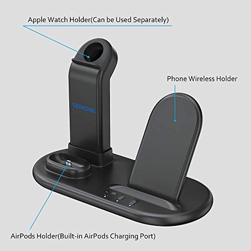 SEEKONE Wireless Charger 3 in 1 Wireless Charging Stand Dock Station for AirPods 2/1 and Watches 5/4/3/2/1, Qi Fast Wireless Charger Compatible with iPhone 8/8 Plus/X/XS/XR/XS Max/iPhone 11/11 Pro