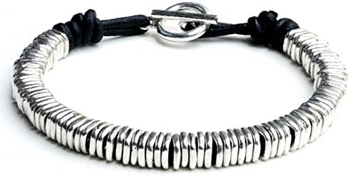 Kham Men Genuine Black Leather and 925 Sterling Silver Square Hoop Stack Beaded Bracelet