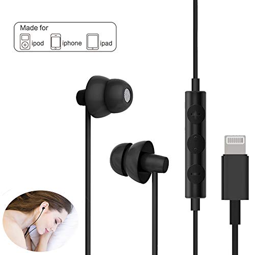 Lighting Headphones,MAXROXCK Sleep Earbuds with Lightning Connector Sleep Headphone Earphones for iPhone X/XS/XS Max/XR iPhone 8 iPhone 7/7 Plus Apple iOS with Microphone and Volume Remote (Black)