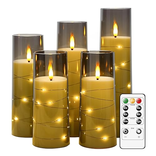 Beauenty 5 Pc Flameless LED Candles with Timer and Remote,Acrylic Pillar Candles with Embedded Star String for Romantic Ambiance and Home Decoration,Battery Operated Candles(Grey)