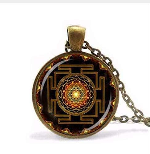 Steampunk Sri Yantra Mandala Glass Pendant Necklace,Handmade Buddhist Sacred Geometry Jewelry Charm Gift