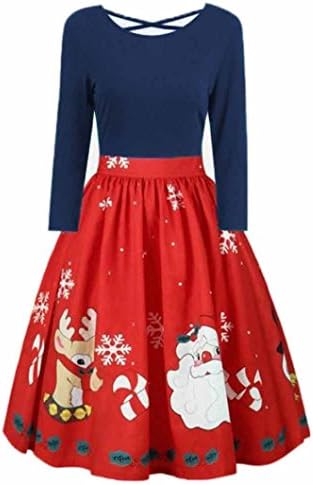 Tsmile Womens Dress Plus Size Christmas Print Criss Cross Party Dress Fashion Long Sleeve Round Collar Casual Dress