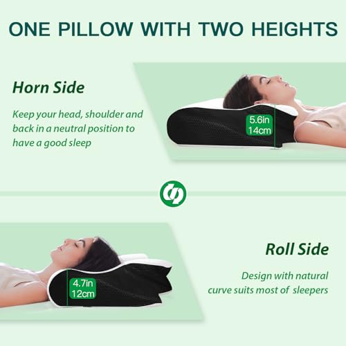 FEYIDEO Cervical Pillow, 2 in 1 Ergonomic Memory Foam Pillow Pillows for Neck Side Sleeper, Back and Mouth Down, 60 x 40 x 12/14 cm (Black)