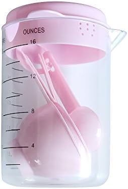 Measuring Cup Container and Spoons Set,7 Pieces Plastic Storage and Measuring Kit,CUP/TSP/TBSP Food Metric Cups Spoons Portable Set For Cooking Baking[500ml] (Pink)