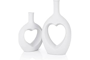 Hismir White Ceramic Heart Shaped Hollow Vase Set of 2，Valentine Table Flower Vase for Home Decoration，Gift for Girl Women Her Mom on Valentine's Day Mothers Day Christmas Birthday Anniversary Wedding