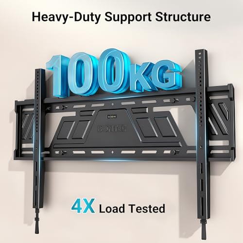 BONTEC Support Mural TV Fixe pour Téléviseurs 43 à 100 Pouces, Ultra Fin 23 mm, Charge Maximale 100 kg, VESA Max 800x600 mm, Fixation Murale Ultra Plate, Plaque Monobloc, Verrouillage Auto Sécurisé