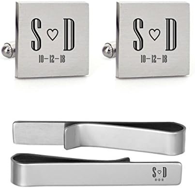 MUEEU Initial Monogram Cufflinks Engraved Custom Date and Letter Wedding Party Present for Groom Groomsman