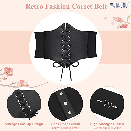 WERFORU Women Corset Elastic Belt Wide Retro Lace-up Tied Costume Waspie Waist Belt for Ladies Halloween, Suit Waist Size 26-29 Inches, Black