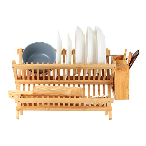 OKX Bamboo Collapsible Dish Drying Rack, 2Tier Foldable Bamboo Dish