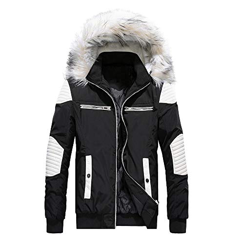 Hanican Men Winter Coat Faux Fur Hooded Patchwork Jacket Fashion Thicken Cotton Outerwear, Black, XXL