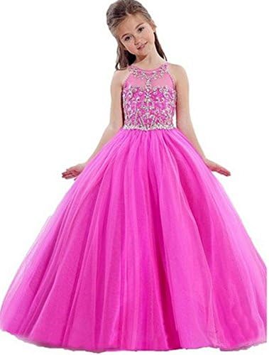 Babibridal Little Girls Ball Gowns Beaded Kids Pageant Wedding Flower Girl Dress (8, Rose red1)