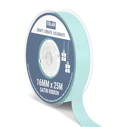 Italian Options Satin Ribbon, Fabric Ribbons for Gift Wrapping, Crafting, Balloons, Wedding Car, Presents, Cake, Christmas, Birthday, Gift Wrap Accessories, 16mm Wide x 25 Metre Roll, Duck Egg