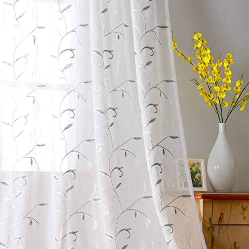 White Sheer Curtains Grey Leaves Embroidery Faux Linen Rod Pocket