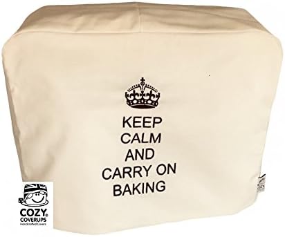 CozyCoverUp® for Kitchenaid Artisan 6.9L 6QT Cream Embroidered Food Mixer Cover"KEEP CALM AND CARRY ON BAKING" Black Embroidered Cotton