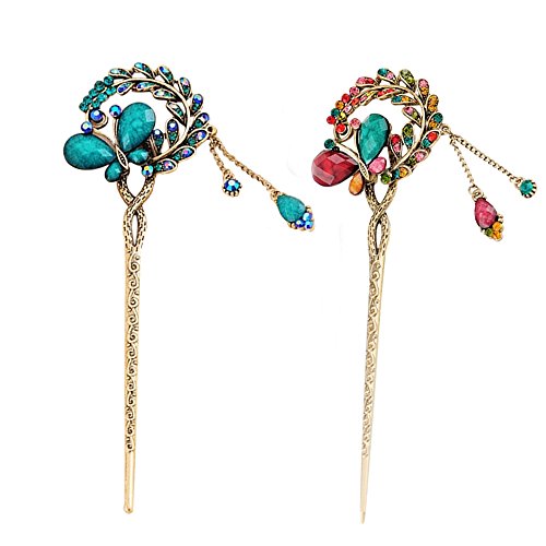 Pack of 2 Rhinestone Hair Stick Vintage Hair Chopsticks Hairpin Chignon Pin,  3D Butterfly Leaves Add Pendant, Decor with Pretty Stone (Blue and Colorful)