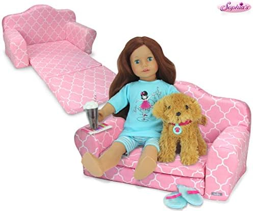 Sophias 2In1 Pink Doll Furniture Pull Out Sofa Bed Plush Couch For Dolls Converts To Double Bed