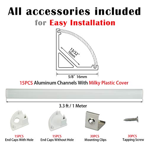Muzata Aluminum Channel For Led Strip Light With Milky White Curved Diffuser Cover, End Caps, and Mounting Clips. Right Angle Aluminum Profile, V-Shape, 15-Pack 3.3ft/1M V1SW