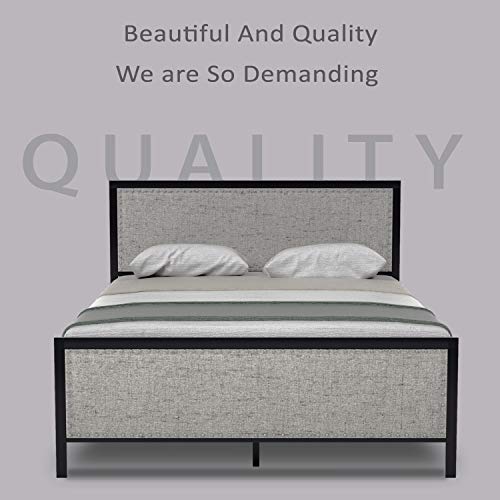 Amooly Upholstered Metal Platform Bed Frame/Riveted Headboard Footboard/Strong Steel Slat Support/Under Bed Storage,Queen,Gray
