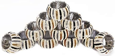 Sequin Beaded Napkin Rings Set, Handmade, Set of 12, Beaded Napkin Holders, Hand Made by Skilled artisans - Perfect for Parties, Any Events, Regular Home Use, Family Dinners, Holidays- Black Multi