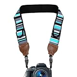 USA GEAR TrueSHOT Camera Strap with Blue Stripe Neoprene Pattern, Accessory Pockets and Quick Release Buckles - Compatible with Canon, Fujifilm, Nikon, Sony and More DSLR, Mirrorless, Cameras