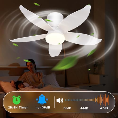 Homefire Ventilador de techo luz - Ventilador de techo silencioso con luz, 5 aspas, blanco, brillo ajustable, 6 velocidades