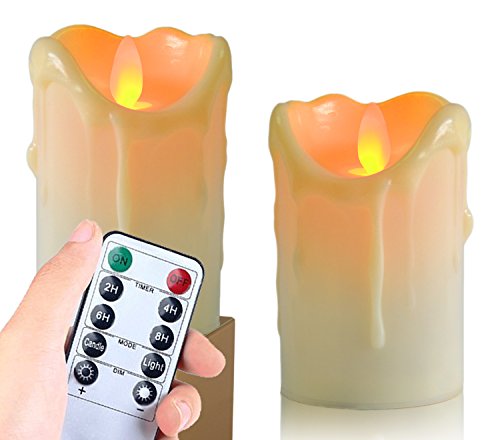 Flameless Candles, Battery Operated LED Lights Candle - Drip Flickering Tealight with Realistic Dancing Flames and 10 keys Remote Timer (Set of 2) (white)