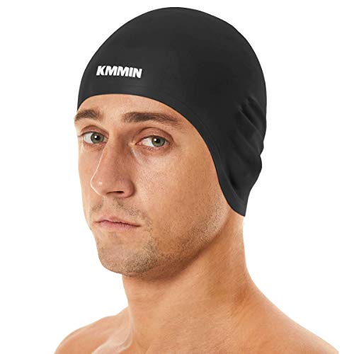 KMMIN Swim Cap, 3D Ergonomic Design Swimming Cap for Women Men Long Hair Short Hair Silicone Adult Swim Cap with Great Elasticity Ear Protection(Black)