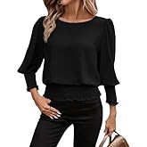 VeraieSien Banded Bottom Tops for Women Smocked Tops Elastic Cinched Waist Top Dressy Blouse 3/4 Length Sleeve Casual Outfits