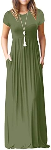 Summer Plain Dress, Women's Casual Short Sleeves Crewneck Side High Split Loose Long Maxi Dress Midi Solid Color Tunic Blouse