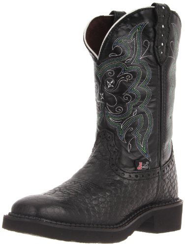 Justin Boots Women's Gypsy Collection 11" Boot Wide Square Double Stitch Toe Black Rubber Outsole,Black Pearl Print Cowhide/Black Cow with Diamond Cut Pull Strap/Brown Cow with Diamond Cut Pull Strap,8.5 B US