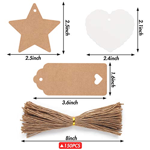 150 PCS Kraft Paper Gift Tags Kraft Hang Tags with String Great as Christmas Gift Tags, Wedding Favor Tags, Birthday Gift Tags, Baby Shower Favor Tags,or Other Place Name Cards.