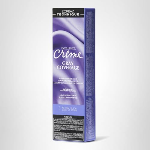 L\'OREAL TECHNIQUE Excellence Crme Permanent Hair Color - Long-Lasting Hair Dye, Rich Formula With No-Drip Application, Superb Gray Coverage, 3 Natural Black