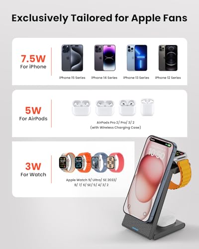 3 in 1 Wireless Charging Station, Foldable Magnetic Charger Stand for Multiple Devices, Wireless Charger for iPhone 17/16/15/14/13/12, Apple Watch 9/8/7/6/SE/5/4/3/2, AirPods 4/3/2/Pro
