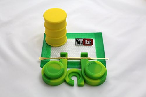 Silicone Dab Station & "You Dab" Hat Pin Combo! Dual Container Dab Station + Oil Drum Container + Non Stick Pad + Gold Dabber & Hat Pin. (Slime Green & Yellow Station + Yellow Oil Drum.)