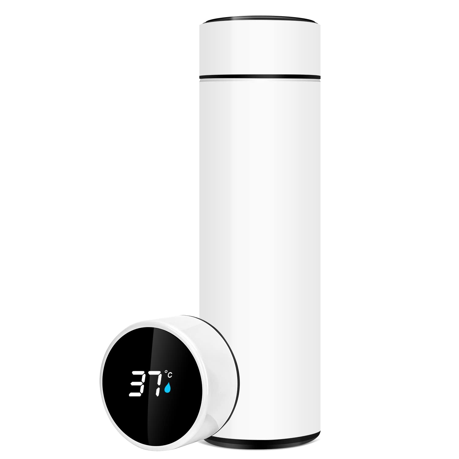 QiCheng&LYS 500ML Travel Mug, Flask with Temperature Display Vacuum Cup with Flask 304 Stainless Steel,Insulation Cup, Double Walled Vacuum for Heat and Cold Water (White)