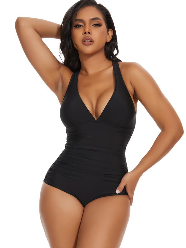 Photo 1 of SHAPERIN Women's Sexy One Piece Swimsuit Tummy Control Bathing Suits Padded Push Up Swimwear Slimming Monokini Black XL