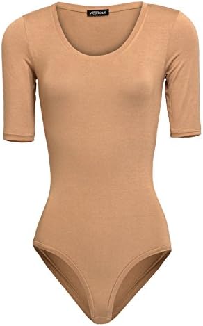 Wearious 3/4 Sleeve Scoop Neck Plain Stretch Leotard Bodysuit Top