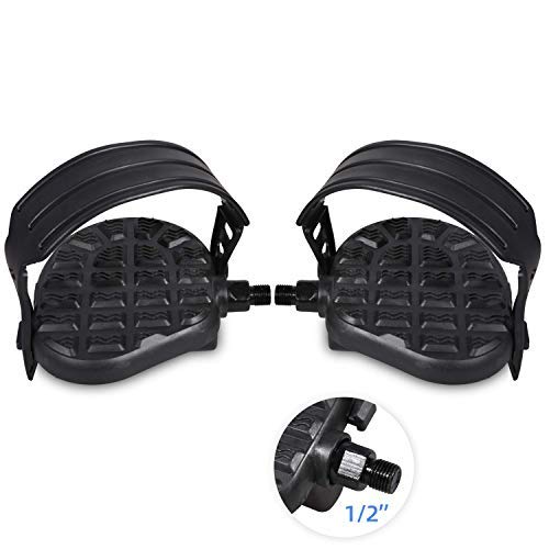 HILAND DRBIKE Stationary Bike Pedals - 1/2" Bike Pedals for Bike, Recumbent, Exerciser Bicycle with Adjustable Strap, Black, 1 Pair