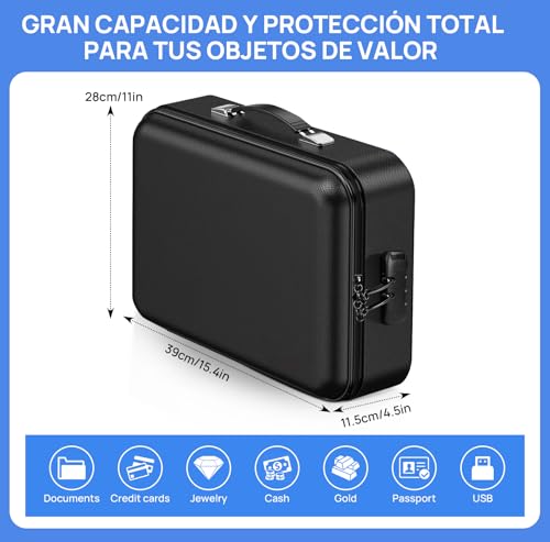 Caja Ignífuga para Documentos, Organizador de Archivos Ignífugo de Carcasa Dura con Cerradura y Carpeta Acordeón con13Bolsillos, Caja Fuerte Portátil para Hogar, Oficina y Viajes Negro