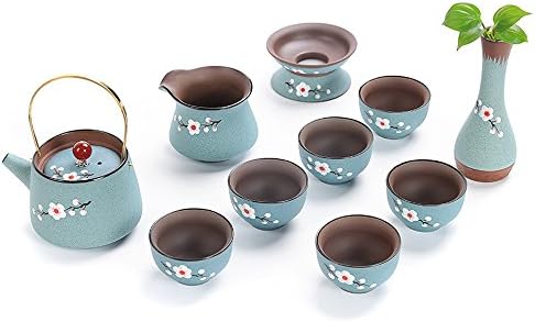 Chinese Tea Set-SYNPIE Ceramic Plum Blossom 6.5oz/180ml Tea Pot with Built-in Infuser 6 Tea Cups (1.75oz/50ml) Tea Liquid Holder Extra Tea Infuser & Vase for Tea Ceremony-10 Picese Included