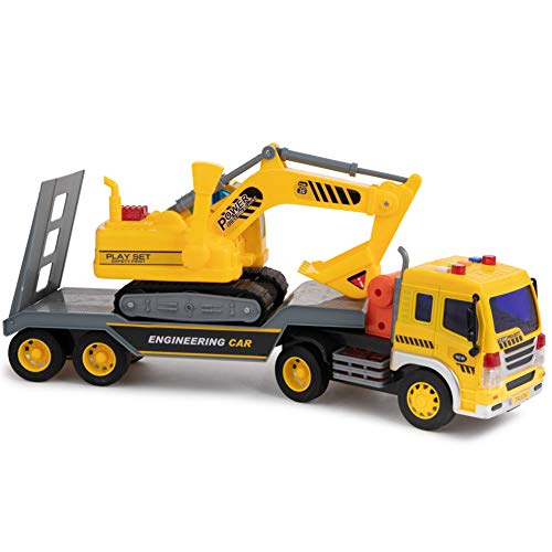 Toy To Enjoy Flatbed Truck Trailer with Excavator Tractor - Friction Powered Wheels, Four Light & Sound Effects - Heavy Duty Plastic Construction Vehicle Toy for Kids & Children