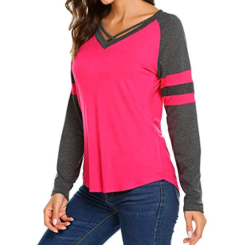 Mayunn Women's Sexy Long Sleeve V Neck Shirts Patchwork Cross Undershirts T-Shirt Blouse Tops - Thumbnail 3