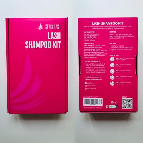 STACY LASH Lash Shampoo 50ml Kit Korean Makeup Remover with Eye Lash Spoolies & Rinse Bottle & Cleansing Pad & Brush for Eyelash Extensions & Clusters & Natural Eyelashes