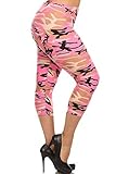 Leggings Depot Women's Butterknit Capri Cropped Regular and Plus Printed Leggings Tights Batch13 (Plus (Size 12-24), Pink Camouflage)