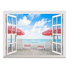 Removable Wall Sticker/Wall Mural - Two Chairs and Umbrellas on Stunning Tropical Beach | Creative Window View Home Decor/Wall Decor - 36"x48"